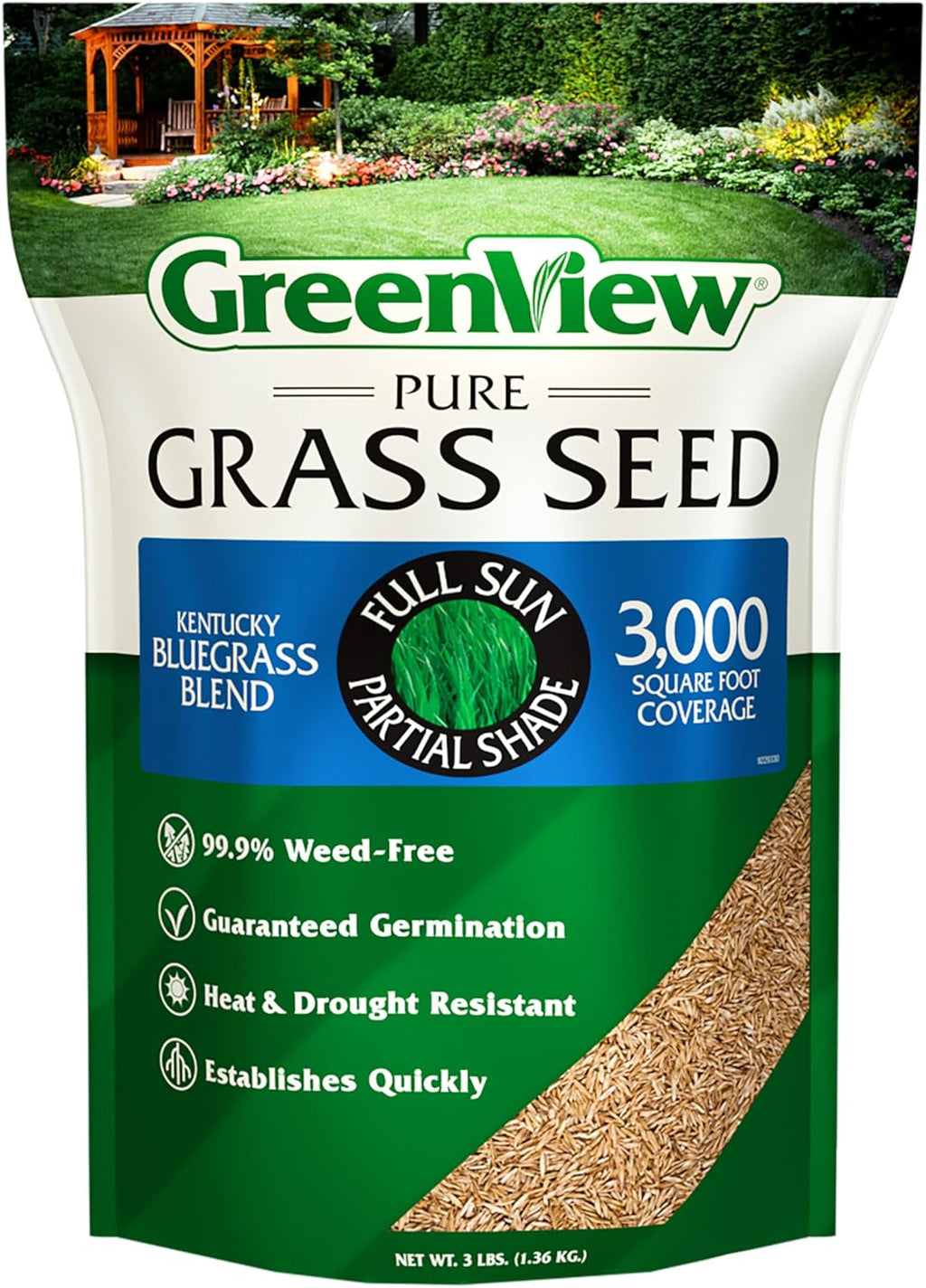 GreenView Pure Grass Seed Kentucky Bluegrass Blend, 3 lb. Bag – Covers up to 3,000 sq. ft.