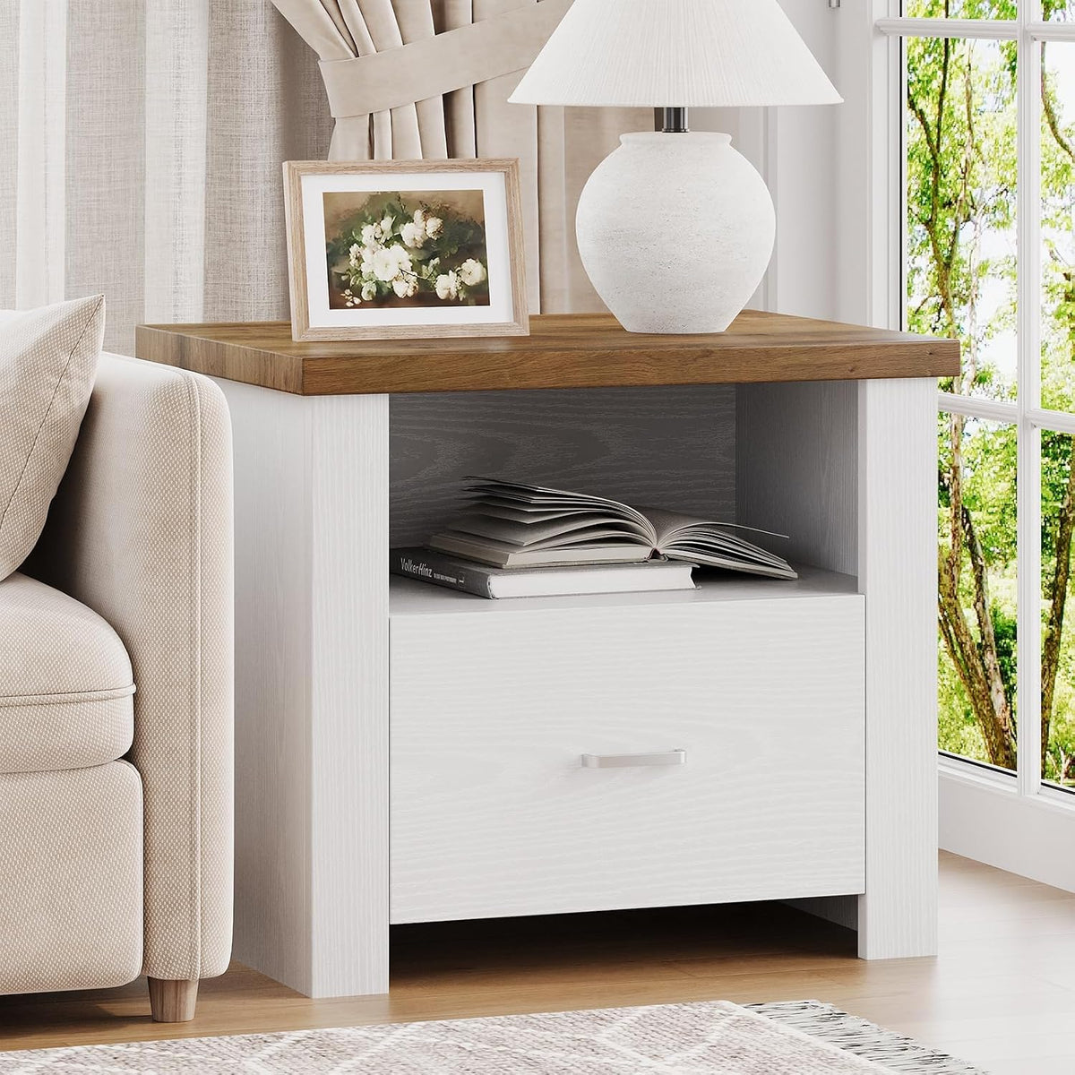 4ever2buy 23” Nightstand with Storage, Large Bedside Table End Table with Drawer, Wide Night Stand End Table for Bedroom Living Room, White