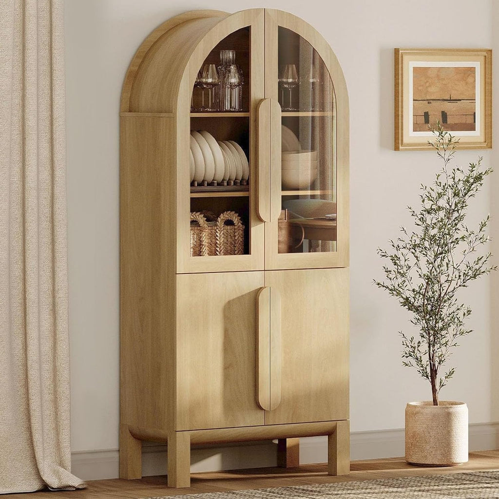 WAMPAT 71" Tall Arched Kitchen Pantry Cabinet, Oak, 1 PC