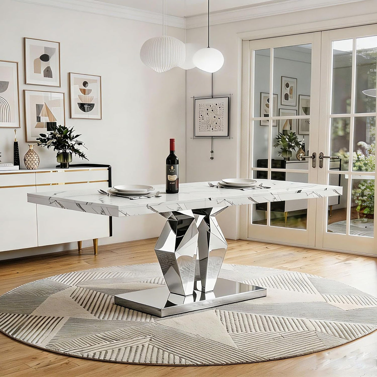 Henf Luxury Marble Dining Table for 6-8 Rectangular 70" Faux Marble Kitchen Table with Silver Mirrored Stainless Steel Base,White Faux Marble Large Long Pedestal Table (Table Only)