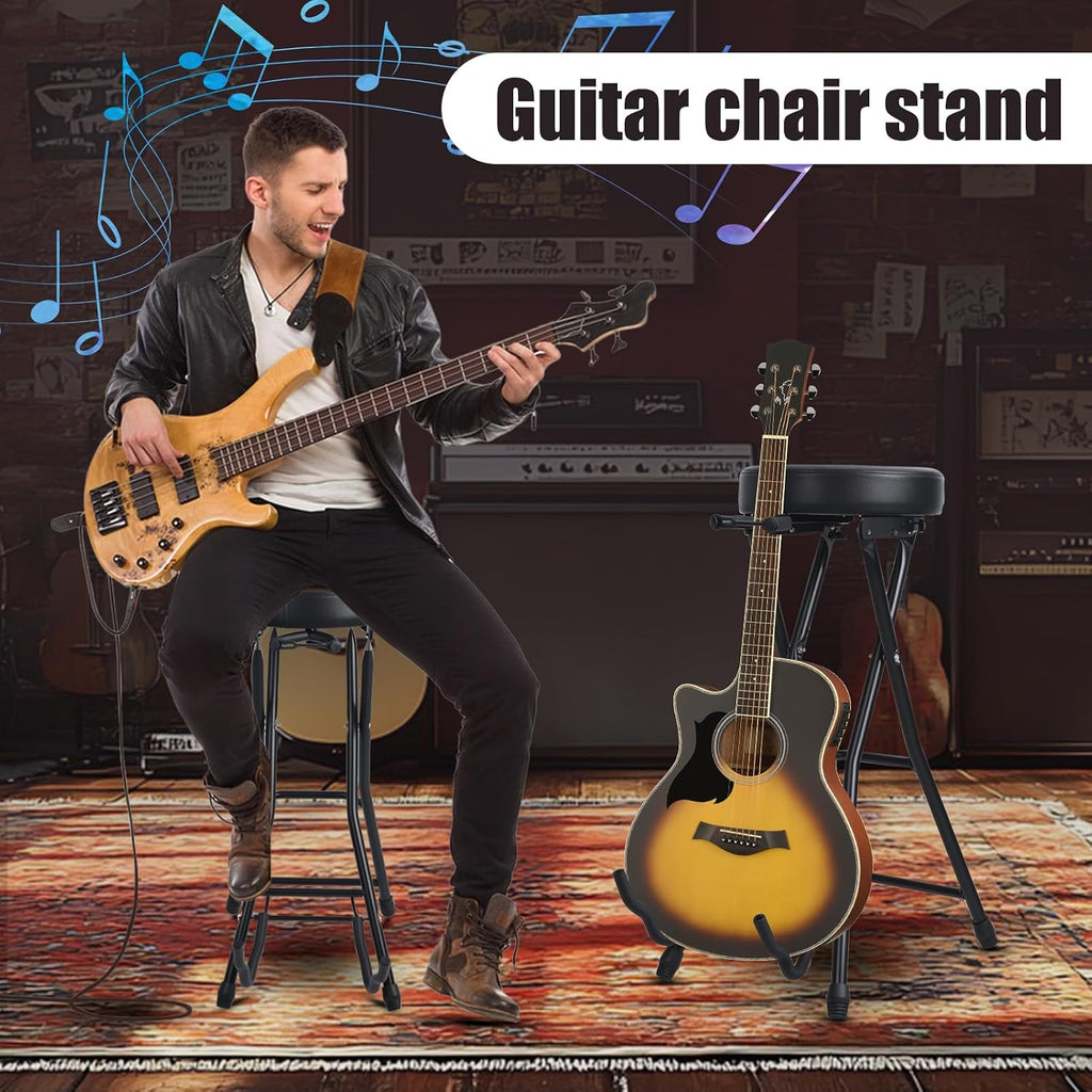 Guitar Stool, Foldable Padded Seat with Built-in Stand & Footrest, Retractable Hook Non-Slip Feet for Acoustic Electric Bass Home Studio Practice (Black-B)