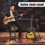 Guitar Stool, Foldable Padded Seat with Built-in Stand & Footrest, Retractable Hook Non-Slip Feet for Acoustic Electric Bass Home Studio Practice (Black-B)