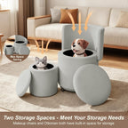 JPBSTO Rolling Round Vanity Chair with Storage, Swivel Makeup Chair with Folding Back, PU Leather Small Upholstered Ottoman for Bedroom Living Room