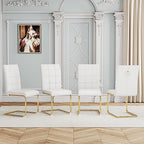 Modern Dining Chairs Set of 8, White PU Leather Chairs with Pull Ring Backrest and Gold Stainless Steel Legs, Easy-to-Assemble Kitchen Chairs for Dining Room, Living Room, or Bedroom