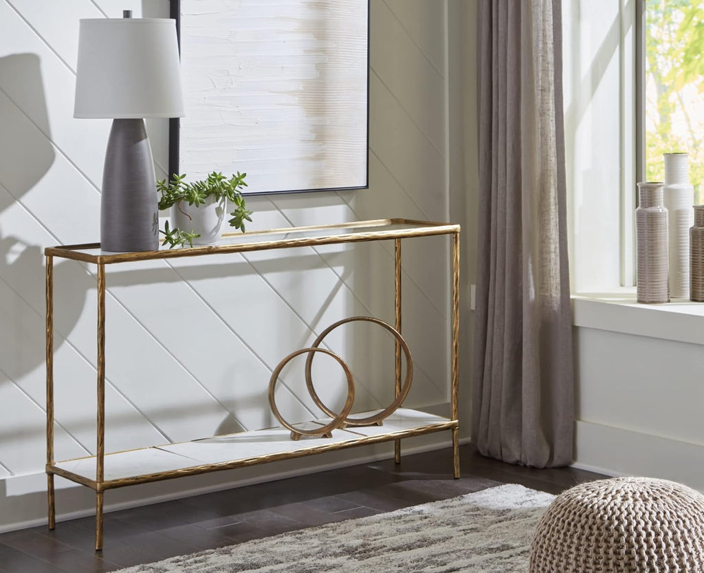Signature Design by Ashley 52" Glass & Marble Narrow Console Sofa Table | Mid-century modern entryway accent, Glass & genuine marble shelves, Antiqued brass frame, Ryandale Series