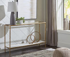 Signature Design by Ashley 52" Glass & Marble Narrow Console Sofa Table | Mid-century modern entryway accent, Glass & genuine marble shelves, Antiqued brass frame, Ryandale Series