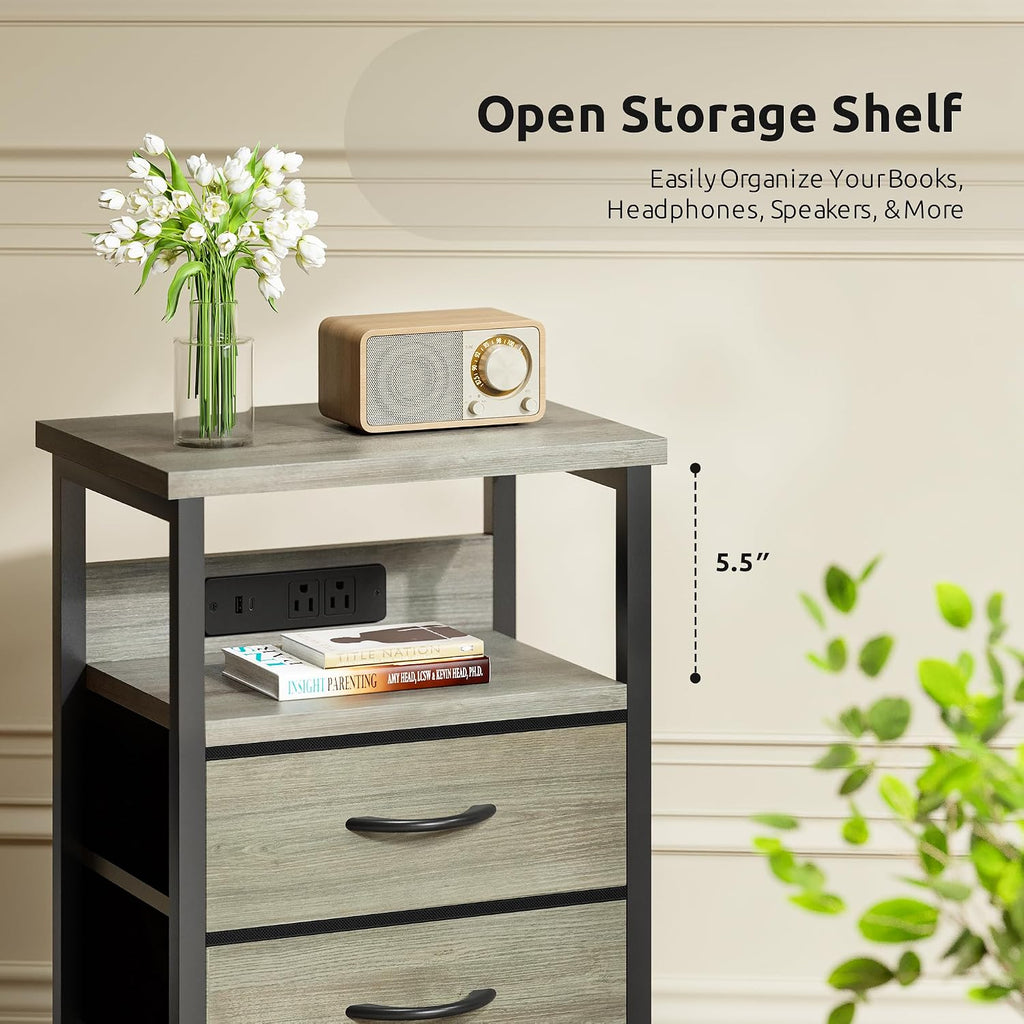 Lazzanto Night Stand with Charger Station, 2 Fabric Drawers, Grey | Nightstand, Bedside Table, Open Shelf, Built in USB-A, USB-C Port & AC Outlets, For Bedroom, Dorm, Living Room