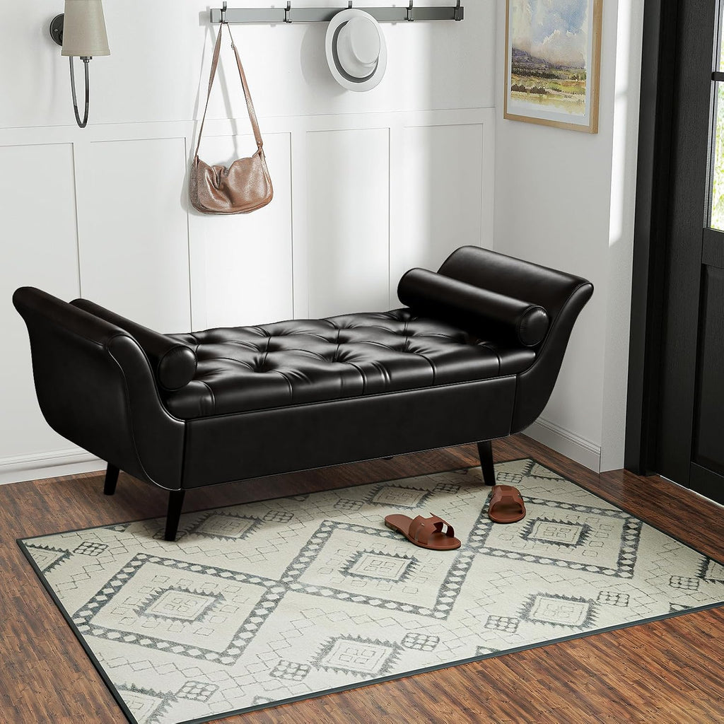 Storage Bench for Bedroom, 65" End of Bed Bench King Size, Faux Leather Tufted Upholstered Window Bench Indoor Foot of Bed Storage Ottoman Long Seating with Arm for Living Room Entryway, Black
