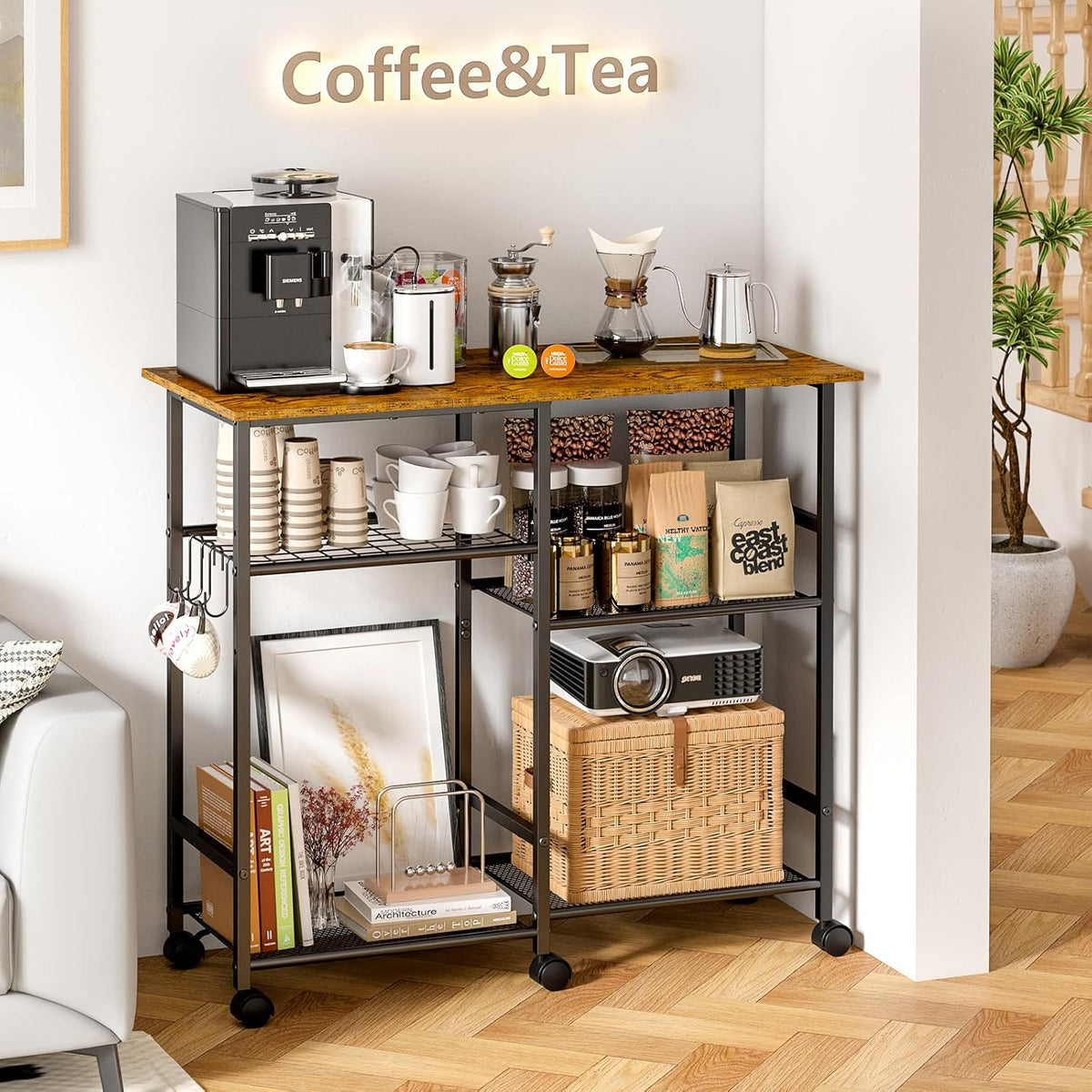 ThreeHio Rolling Kitchen Microwave Cart, 3-Tier Microwave Stand with Adjustable Shelf, Kitchen Storage Cart on Lockable Wheels, Coffee Bar Baker's Rack Organizer Shelf for Living Room, Office, Balcony