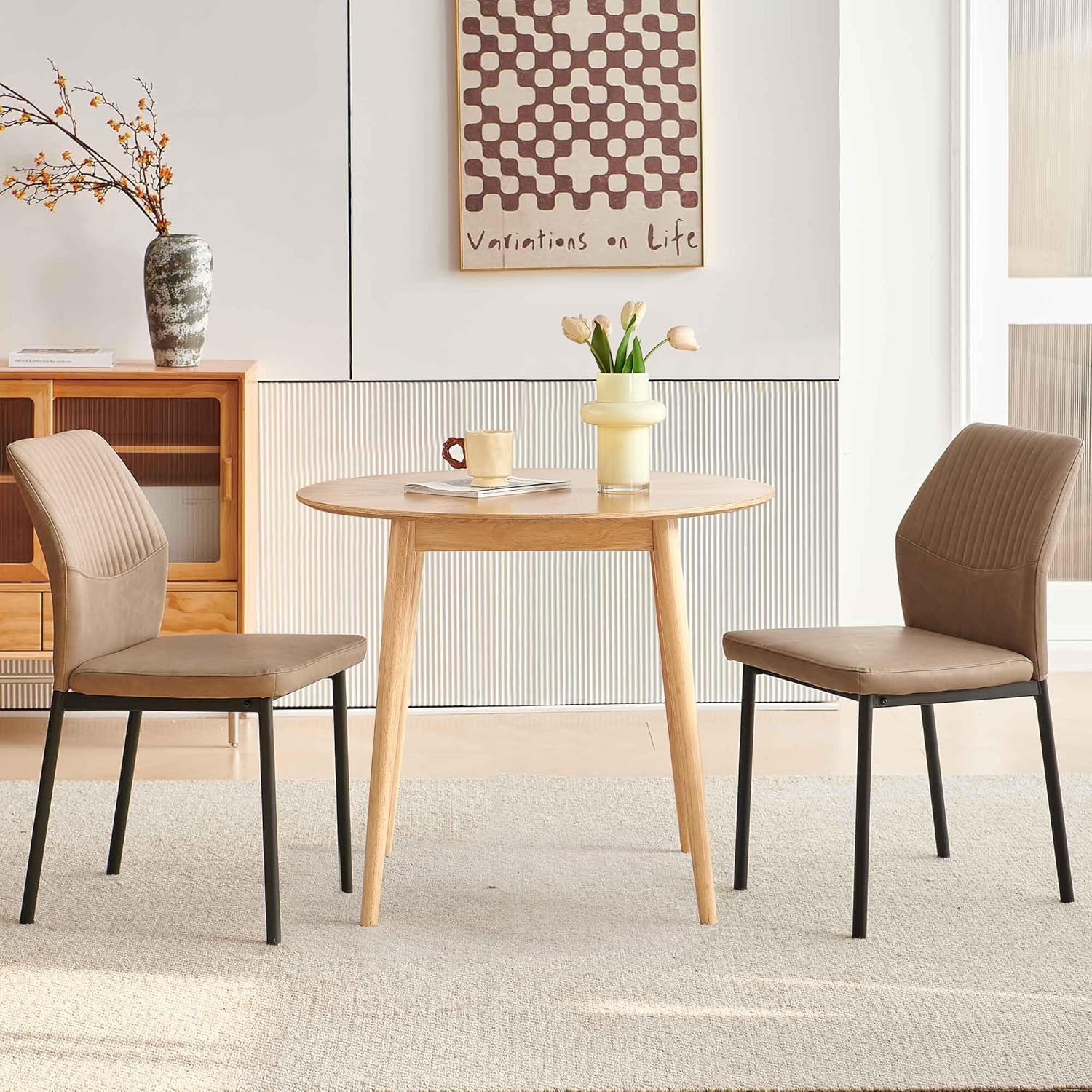 Round Dining Table for 2-4, Mid Century Modern 35 Inch Round Kitchen Table, Space Saving Small Dining Table with Oak Wood Veneer Tabletop and Solid Wood Legs for Dining Room, Living Room