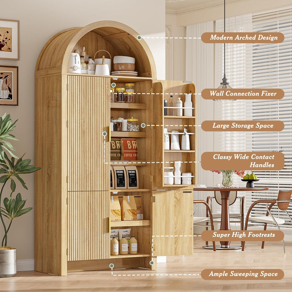 OFIKA 71" Arched Kitchen Pantry Cabinet, Fluted Wood Storage with 3 Shelves | 3 Adjustable Shelves & 6 Door Shelves, Modern Organizer for Kitchen & Bathroom, Natural Wood Finish, Sturdy Fluted Design