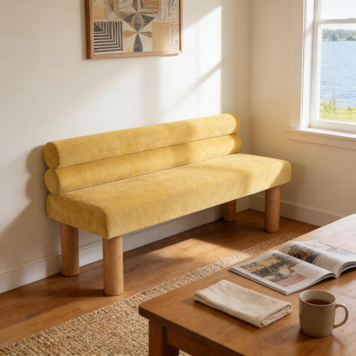 GDFStudio Upholstered Boucle Dining Bench with Backrest Farmhouse Entryway Bench with Rubber Wood Legs Long Indoor Bench for Bedroom Living Room End of Bed Dining Room Seating, Yellow
