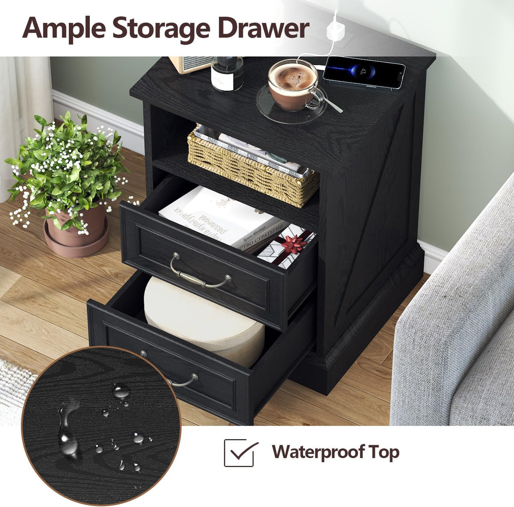 Nightstand with Charging Station,18" Wide End Table with 2 Large Drawers & Metal Handles,Rustic Farmhouse Wood Small Dresser,Bedside Table,Modern Chest of Drawers for Bedroom,Living Room,Black
