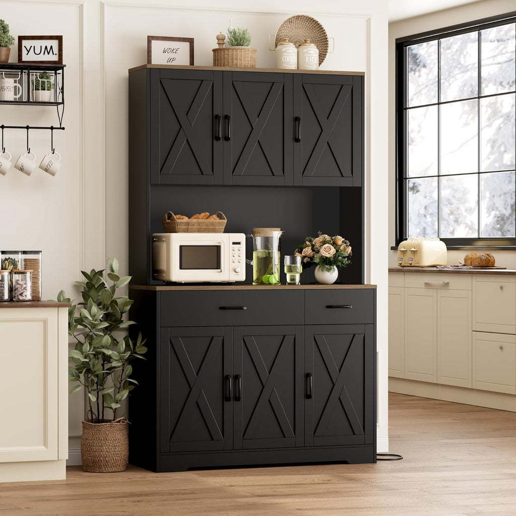 HOSTACK 71"H Kitchen Pantry Storage Cabinet, Farmhouse Hutch Cabinet, Black | Space-Saving Pantry Cabinet with Charging Station & 2 Large Drawers & Adjustable Shelves, Tall Kitchen Hutch, Dining Room