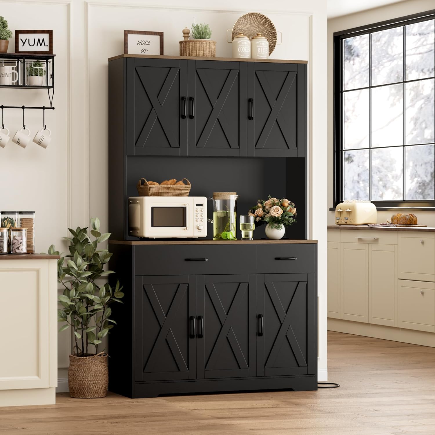HOSTACK 71"H Kitchen Pantry Storage Cabinet, Farmhouse Hutch Cabinet, Black | Space-Saving Pantry Cabinet with Charging Station & 2 Large Drawers & Adjustable Shelves, Tall Kitchen Hutch, Dining Room