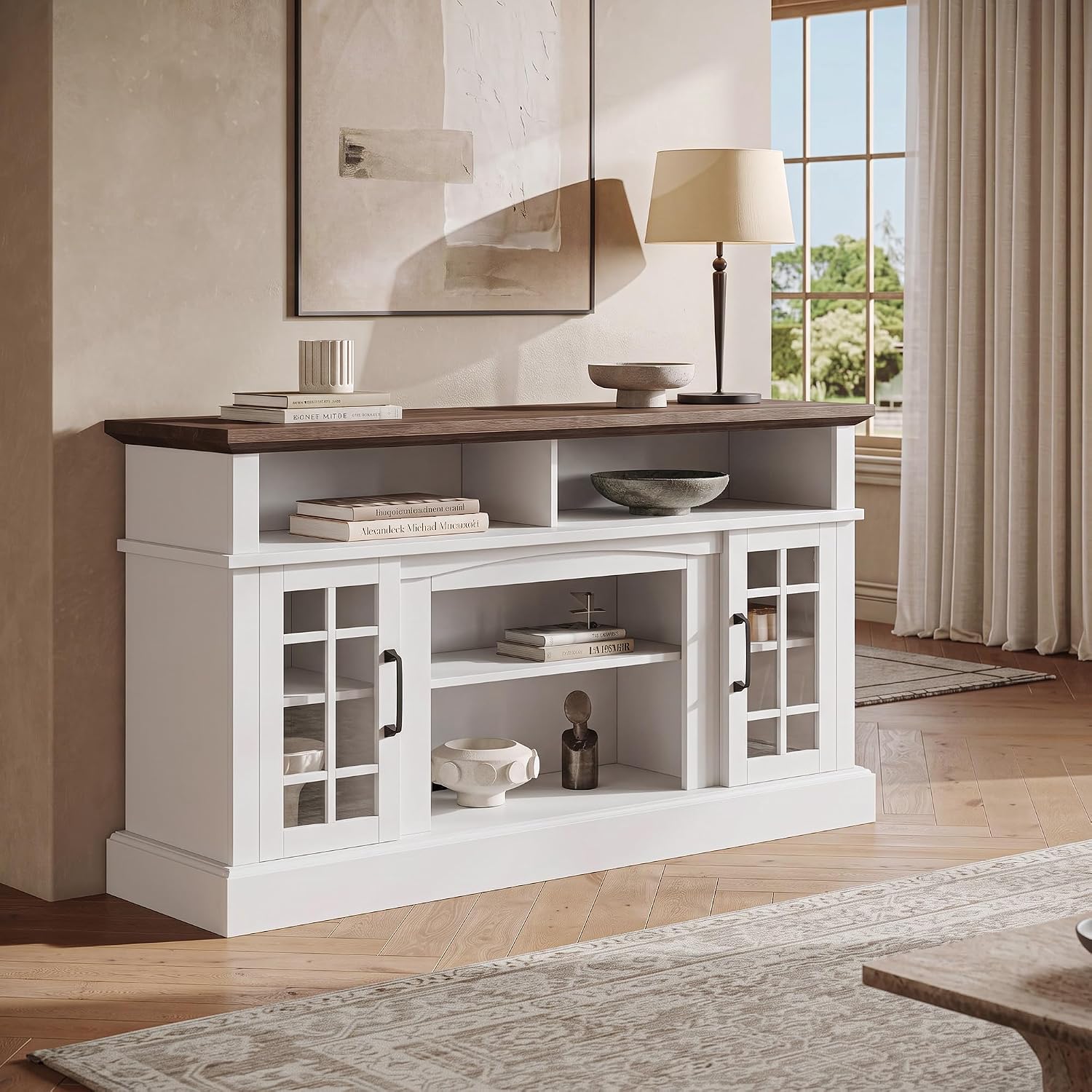 BELLEZE 58 Inch TV Stand, Rustic Wood Entertainment Center for TVs up to 65", Contemporary Media Console Table with Two Open Shelves and Glass Door Cabinets - Astorga (White)