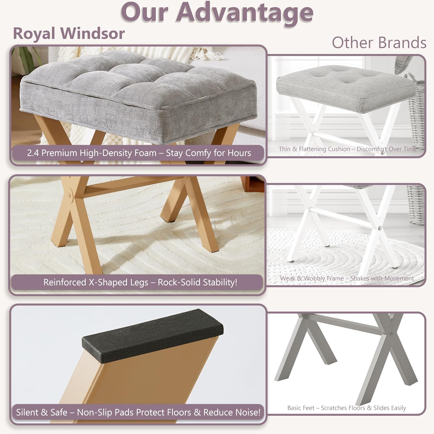 Royal Windsor Vanity Stool,Small Makeup Chair with Metal X Legs | Square Foot Stool,Modern Vanity Chair,Upholstered Vanity Seat for Entryway,Bedroom and Living Room,Light Grey+Yellow
