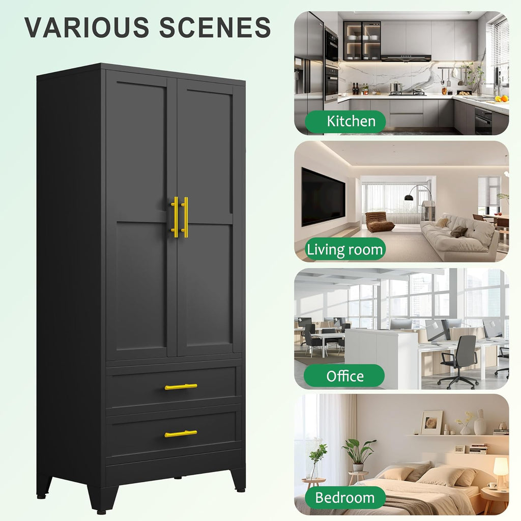 pozdeg 71" Metal Armoire Wardrobe Closet, Tall Clothing Storage Cabinet with Hanging Rods and 2 Drawers, Household Closet Organizers with Adjustable Shelves for Home Office or Gym (Armoire-Black)