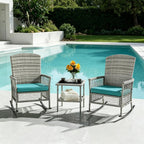 DECMICO Outdoor Rattan Wicker Rocking Chair, 3 Pieces Patio Conversation Furniture Bistro Sets with Side Table and Cushions for Porch Garden and Balcony