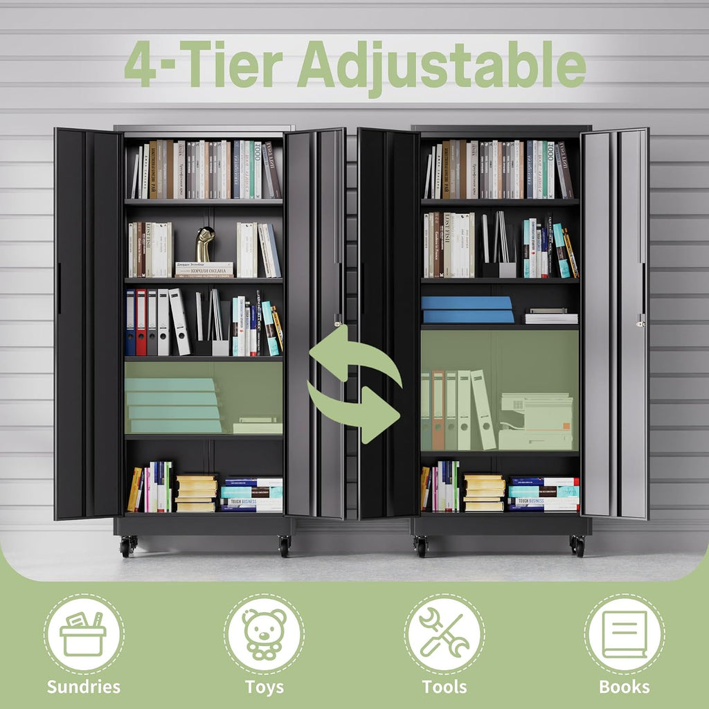 Metal Storage Cabinet with Wheels, 73" H Garage Storage Cabinet with Doors and Adjustable Shelves, Heavy Duty Locking Tool Cabinet Utility Cabinets for Home Office, Garage, Warehouse (Black)