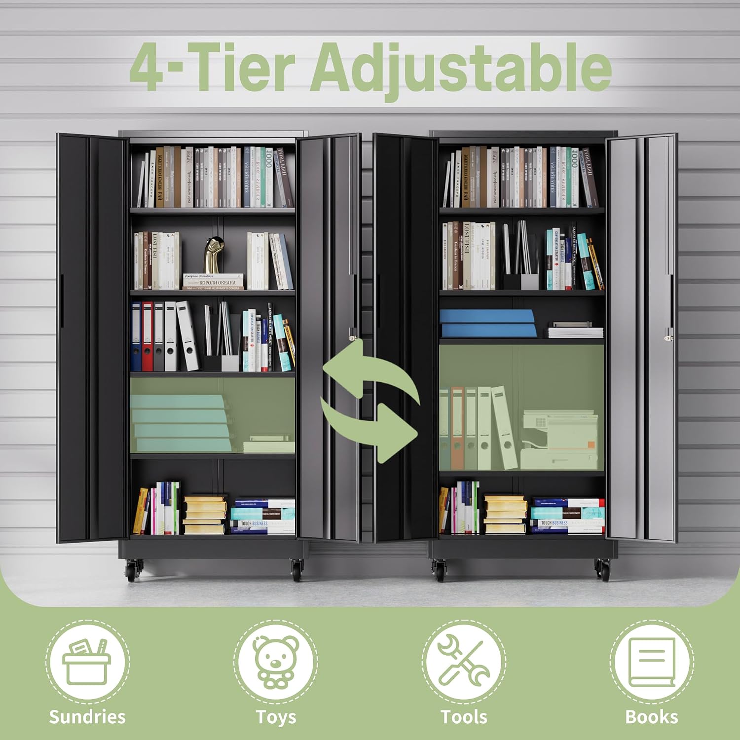Metal Storage Cabinet with Wheels, 73" H Garage Storage Cabinet with Doors and Adjustable Shelves, Heavy Duty Locking Tool Cabinet Utility Cabinets for Home Office, Garage, Warehouse (Black)