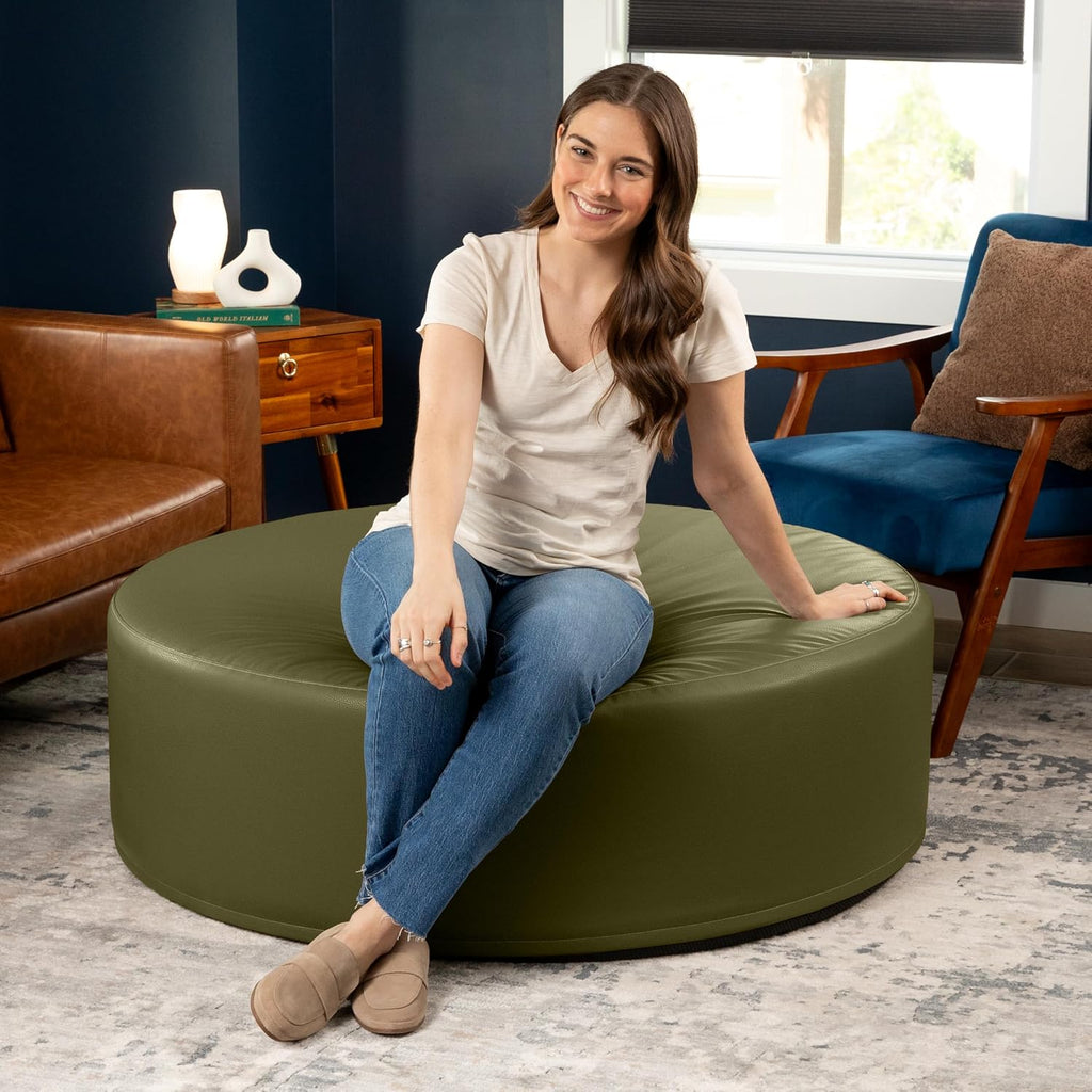 Jaxx Candler Round Couch Ottoman – Oversized Giant Coffee Table Ottoman - Versatile Firm Foam Construction - Kid Safe with Removable Cover, 44”, Premium Faux Leather, Olive Green