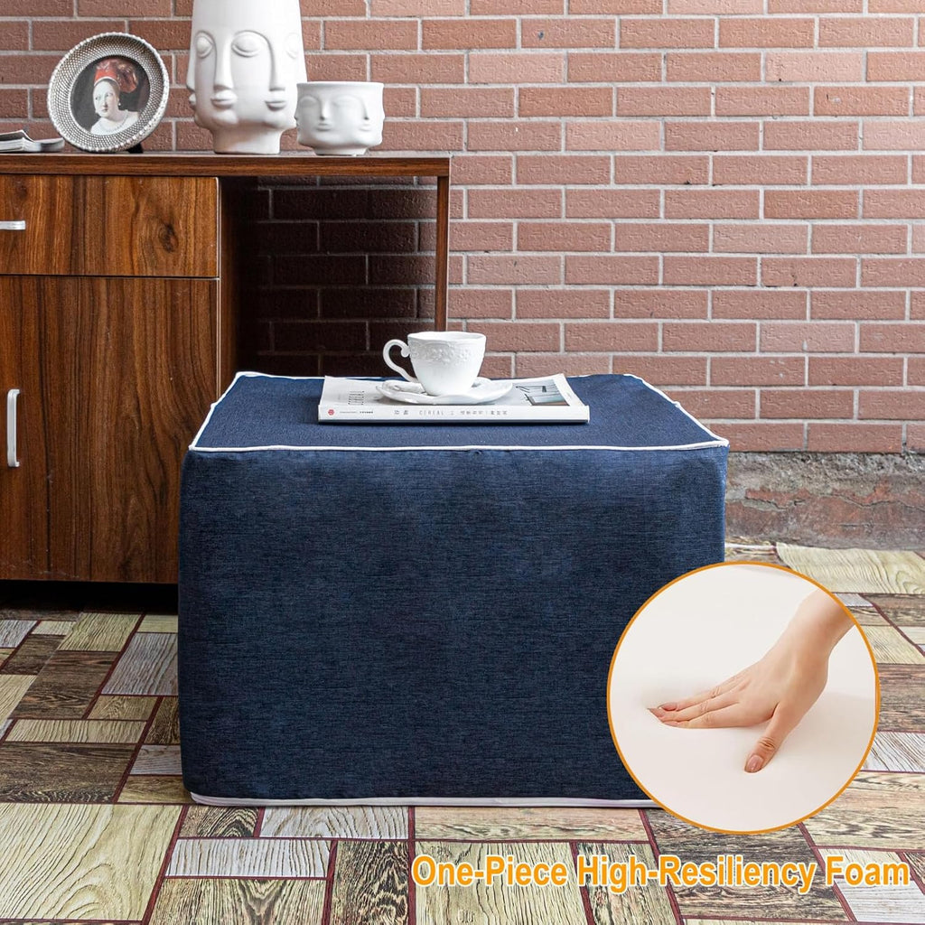 Outdoor Ottoman 20x20x14 Inches Outdoor Square Ottomans for Patio Modern Lightweight Foam Stuffed Pouf Outdoor Footstool Footrest (Navy Blue)
