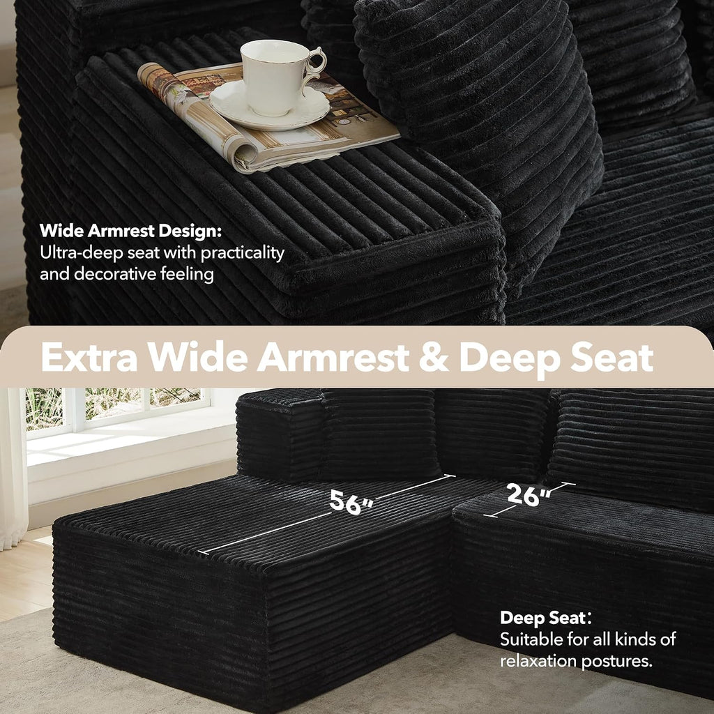 106" L Shaped Modular Cloud Sectional Sofa with Cushions, Black | 4-in-1 DIY Combination, Ultra-Wide Corduroy Fabric, No Assembly Required, Right Hand Facing Couch for Living Room