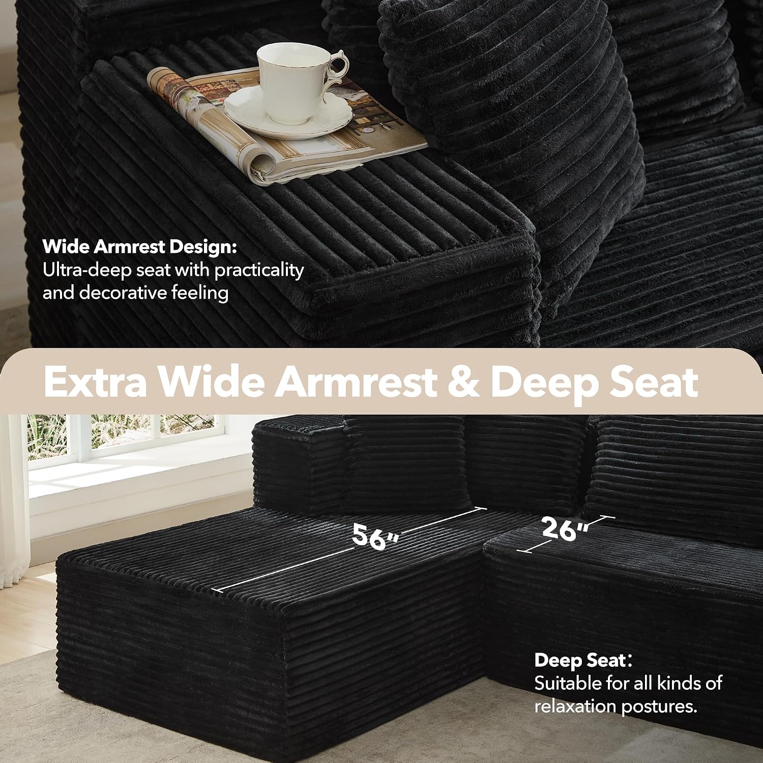 106" L Shaped Modular Cloud Sectional Sofa with Cushions, Black | 4-in-1 DIY Combination, Ultra-Wide Corduroy Fabric, No Assembly Required, Right Hand Facing Couch for Living Room