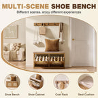 Rattan Narrow Entryway Bench with Shoe Storage, 2 Flip Drawers & Coat Rack, Mid-Century Modern Wood Shoe Cabinet with Seat Cushion for Foyer/Hallway (Rustic Oak Rattan)