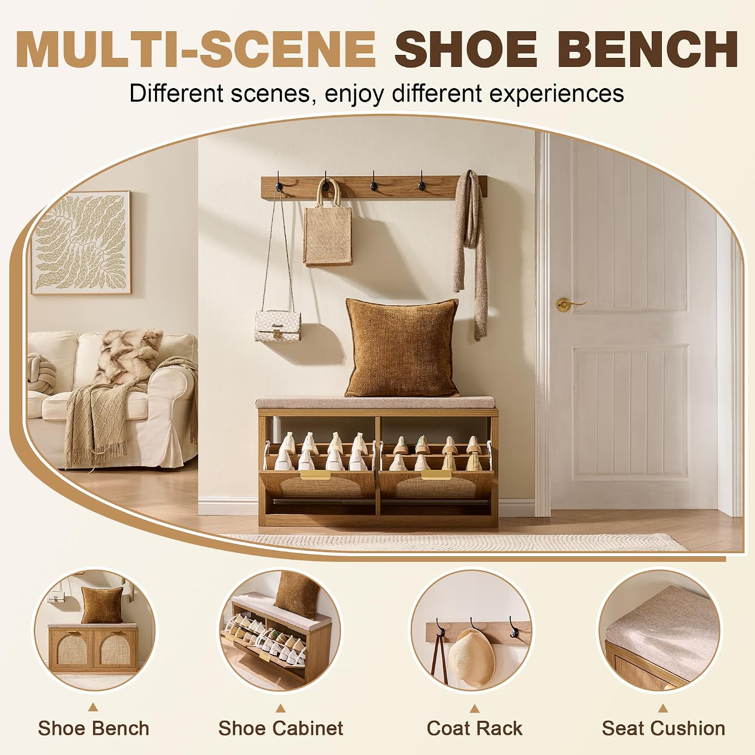 Rattan Narrow Entryway Bench with Shoe Storage, 2 Flip Drawers & Coat Rack, Mid-Century Modern Wood Shoe Cabinet with Seat Cushion for Foyer/Hallway (Rustic Oak Rattan)