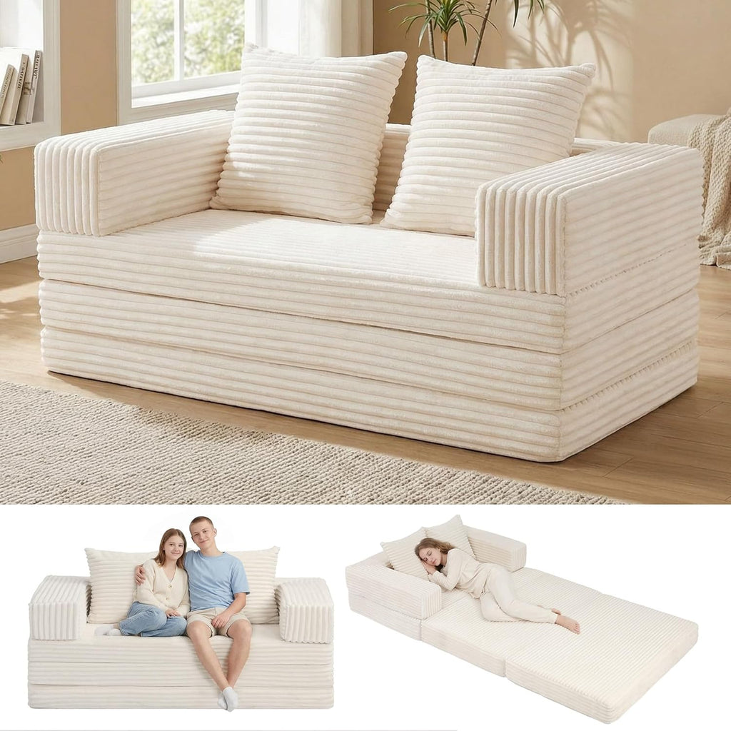 Convertible Sofa Bed, 4-in-1 Loveseat with Removable Armrests Backrest, Corduroy Futon Couch Bed with Pillow, Foldable Mattress Sleeper Sofa for Living Room Bedroom Small Place (Beige)