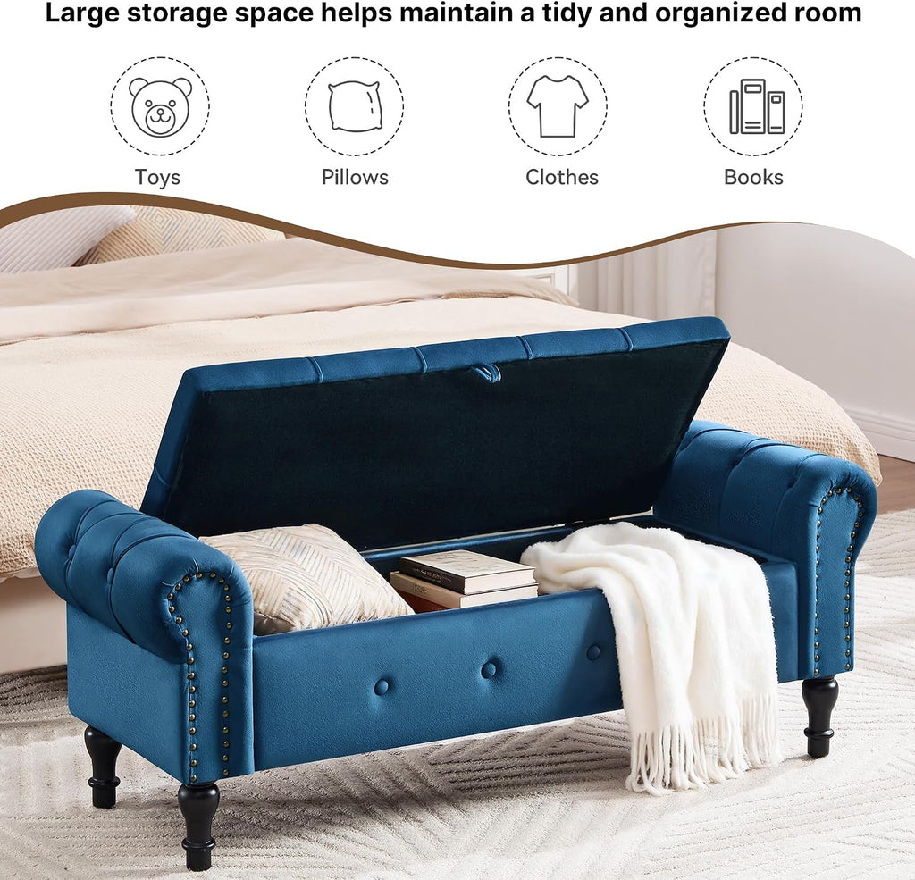 Storage Bench for Bedroom, Velvet 51" End of Bed Bench, Queen Size Bench with Rolled Arms, Tufted Storage Ottoman Benches, Upholstered Bench for Bedroom, Living Room, Entryway, Navy Blue