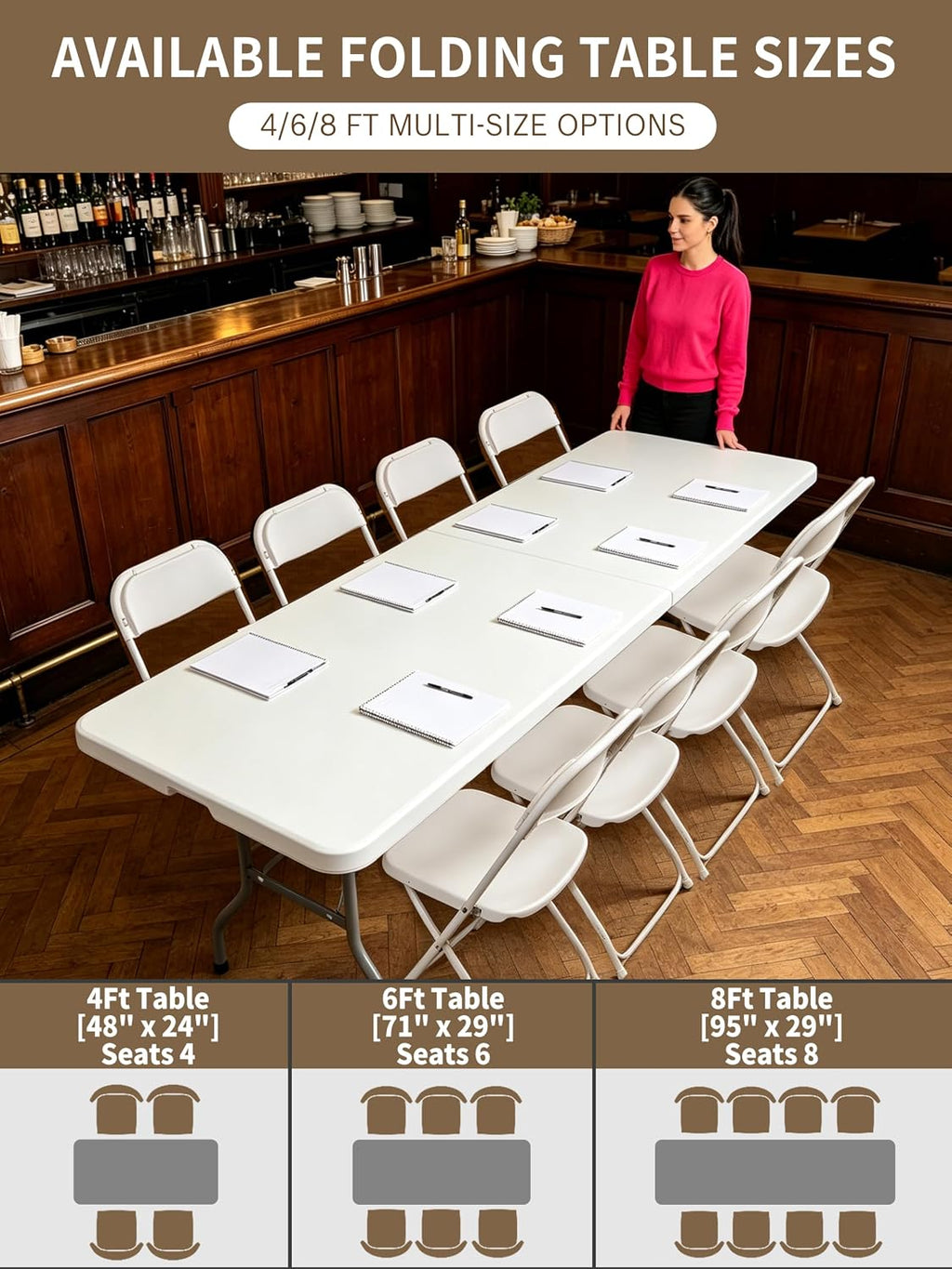 8ft Folding Table, Heavy Duty White Large Portable Foldable Table | Plastic 8 foot folding table seats 8. Rectangular with carrying handle. Indoor outdoor camping, picnic, party and banquet