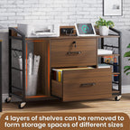 SEDETA 44" File Cabinet with Lock, Filing Cabinet fits Legal/Letter Size | Walnut Lateral 2 Drawer Filing Cabinets for Home Office with Lock, Power Strip, 6 Storage Shelves, Wheels and 4 Hooks