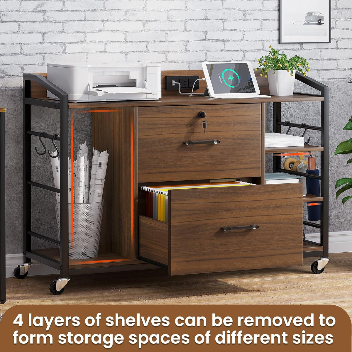 SEDETA 44" File Cabinet with Lock, Filing Cabinet fits Legal/Letter Size | Walnut Lateral 2 Drawer Filing Cabinets for Home Office with Lock, Power Strip, 6 Storage Shelves, Wheels and 4 Hooks
