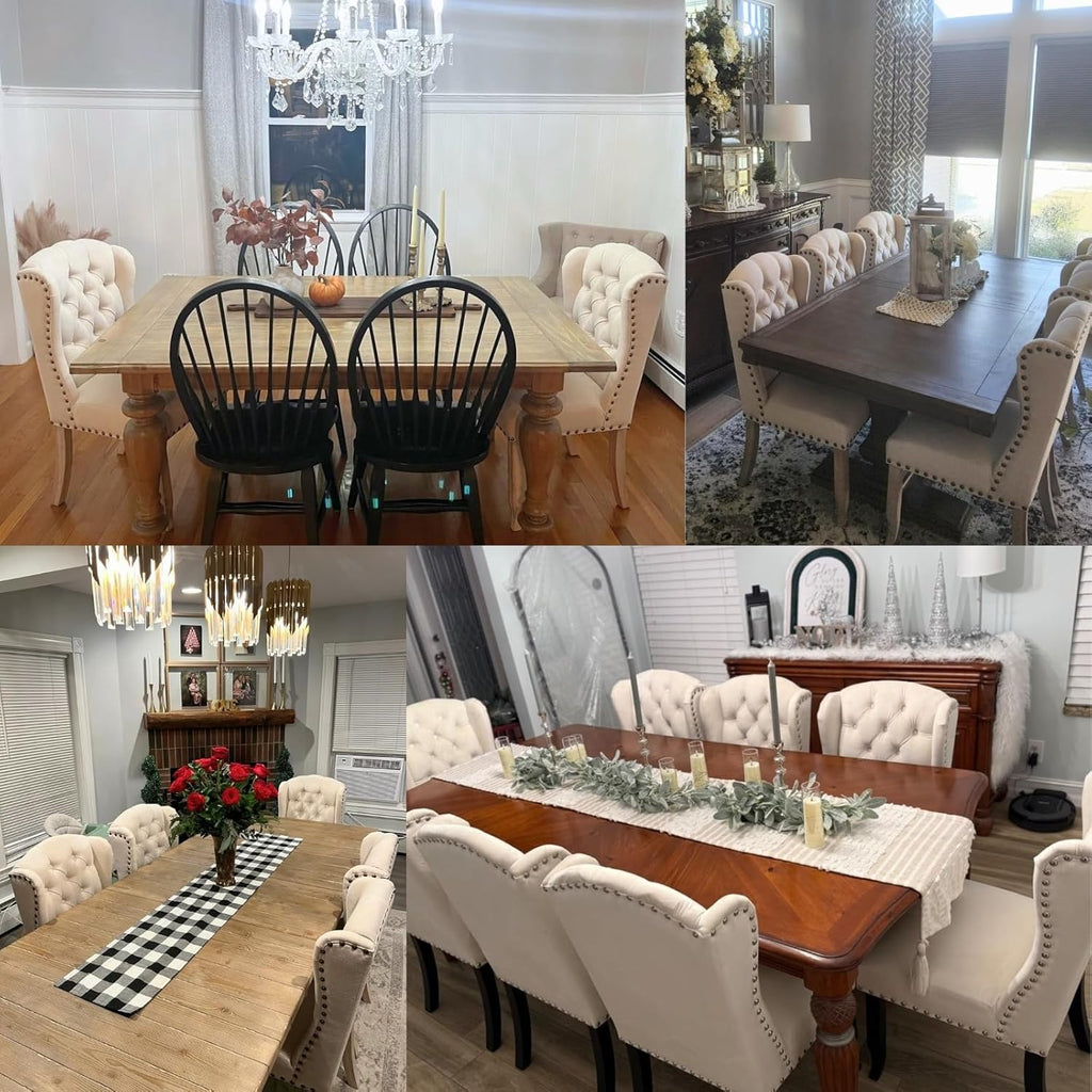 chairus Tufted Parsons Dining Chairs Set of 6, French Country Upholstered Dining Room Chairs with Nailhead Trim & Curved Wood Legs, Farmhouse High Back Armless Side Kitchen Chairs, Beige Linen