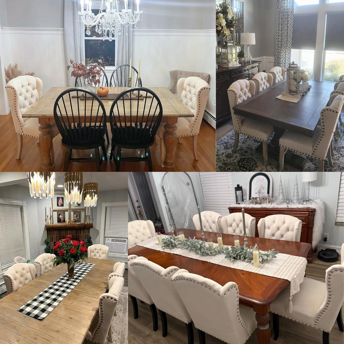 chairus Tufted Parsons Dining Chairs Set of 6, French Country Upholstered Dining Room Chairs with Nailhead Trim & Curved Wood Legs, Farmhouse High Back Armless Side Kitchen Chairs, Beige Linen