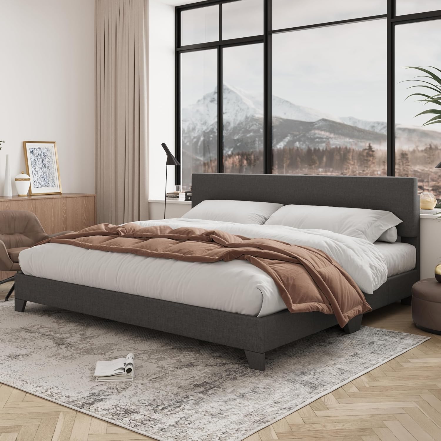 Allewie King Size Upholstered Bed Frame Adjustable Headboard, Dark Grey