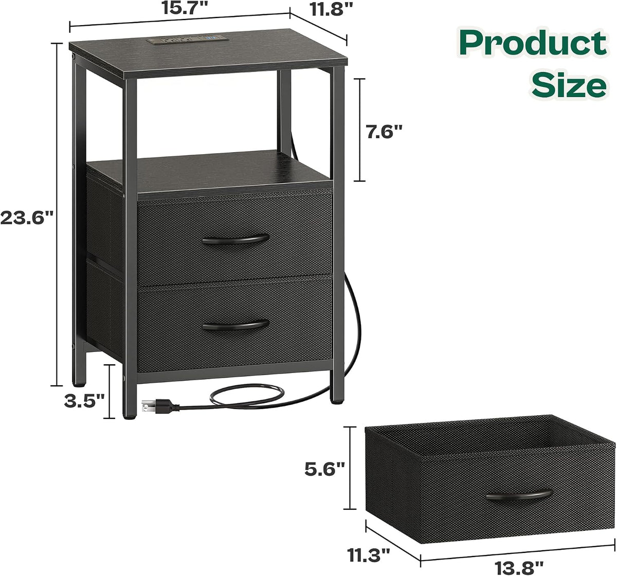 Huuger Night Stand with Charger Station and LED Lights, 2 Drawer Nightstand, Bed Side Table with Open Shelf, End Table, Fabric Drawers for Bedroom, Black