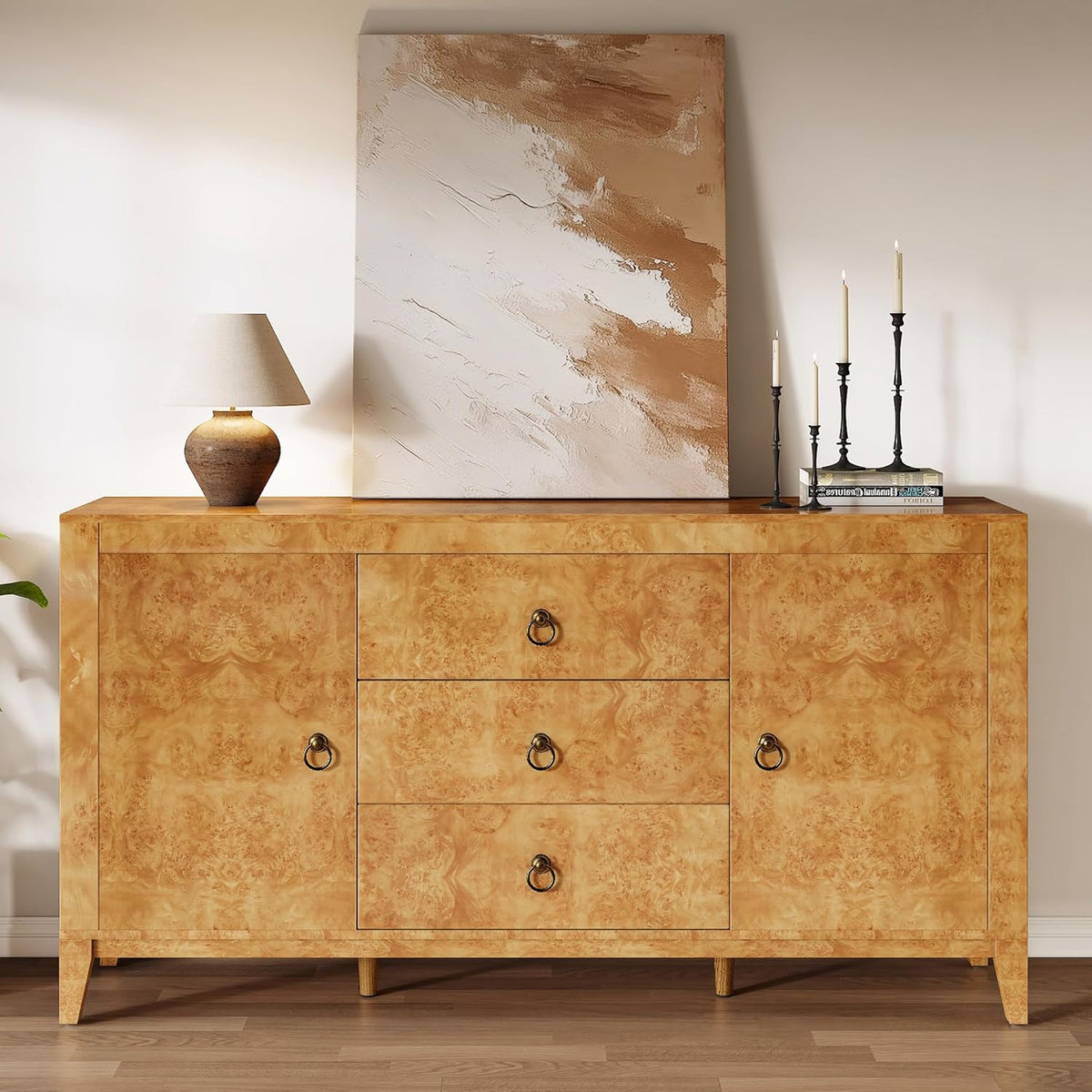 AMERLIFE 60" High Gloss Burl Buffet Sideboard Storage Cabinet, Large Wood Sideboard with Drawers, Retro Handles, Heavy Duty Coffee Wine Bar Buffet Table for Dining Room, Living Room, Yellow
