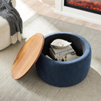 Round Storage Ottoman, 2 in 1 Function, Work as End Table and Ottoman, Navy (25.5"x25.5"x14.5")