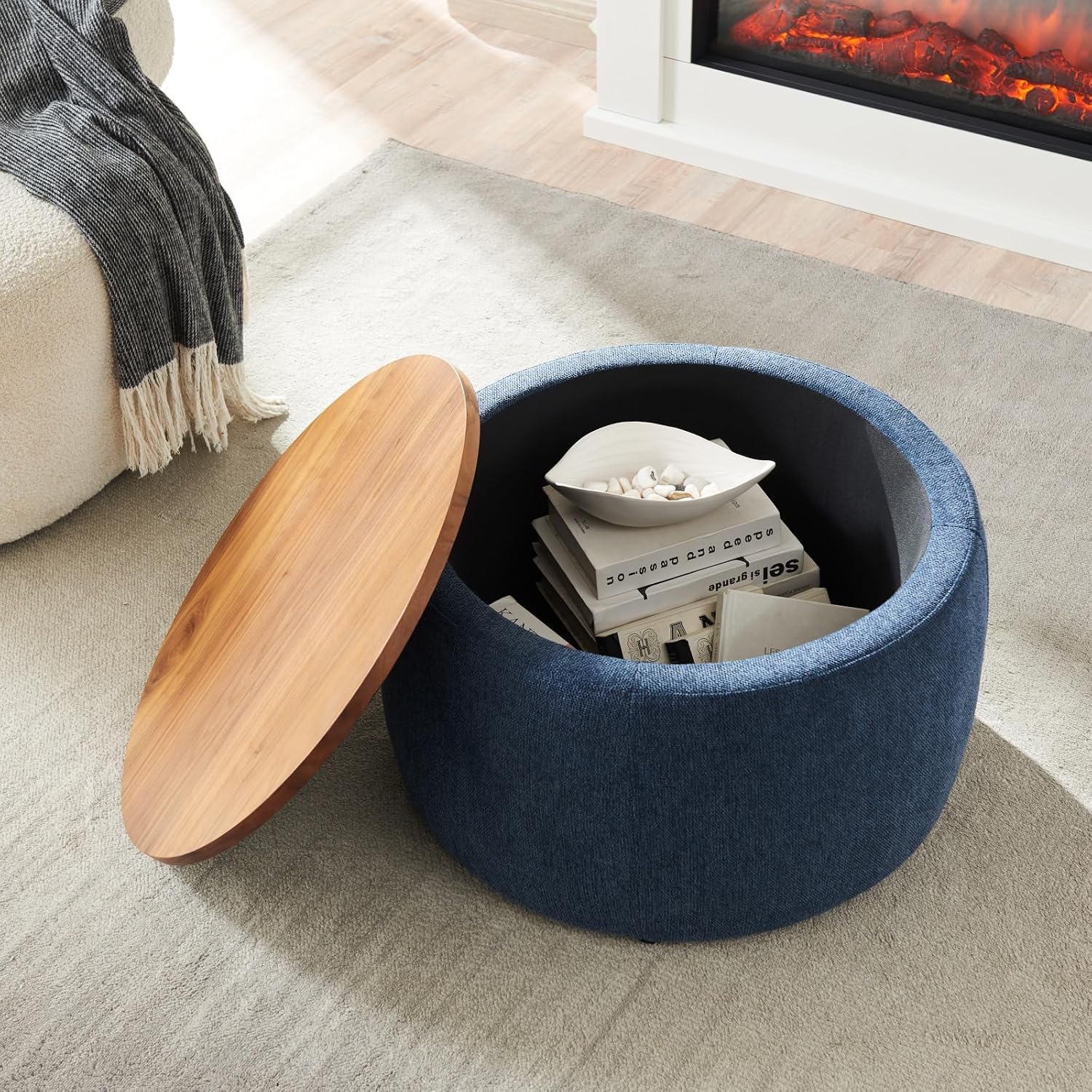 Round Storage Ottoman, 2 in 1 Function, Work as End Table and Ottoman, Navy (25.5"x25.5"x14.5")