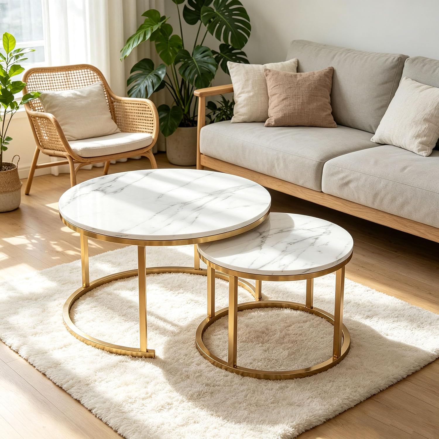 Nesting Tables Set of Round Coffee TableNesting Tables | Set of Round Coffee TableSmall Nesting Coffee Table with Adjustable Non-Slip Fee, White Marble Top Stack Nesting Tables