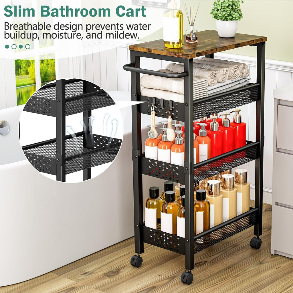 Vivihomety 4-Tier Laundry Utility Rolling Cart with Wheels, Metal | Narrow 8.1" wide, lockable wheels, wood top panel, metal frame, for laundry room, small spaces, pantry, tight gaps, Black