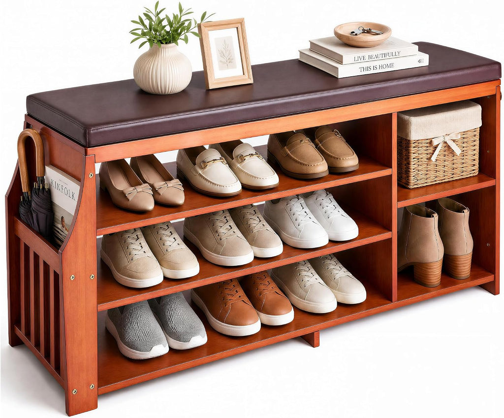 OAKHAM 50" Bamboo Shoe Storage Bench with Comfortable Padded Faux Leather Seat and 550 lbs Capacity, 3-Level Adjustable Shelf, Side Storage Slot and 3 Hooks for Entryway Hallway Mudroom, Brown