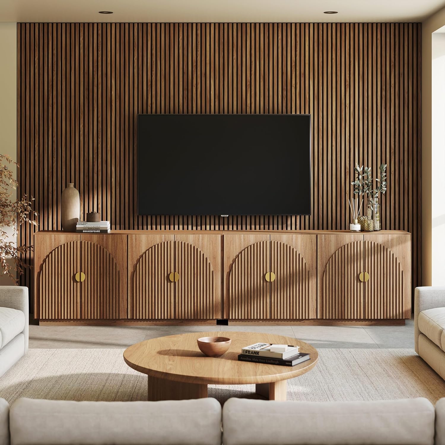 BELLEZE Set of 2 Fluted Buffet Cabinet with Storage, 65 Inch Symmetrical Arc Accent Sideboard Large Console for Kitchen, and Living Room (Caramel Brown)