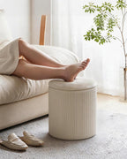 LITZFUR Round Ottoman with Storage, Velvet Foot Rest Stool, Beige | Versatile Upholstered Vanity Stool, Padded Folding Storage Ottoman for Living Room, Bedroom and Dorm