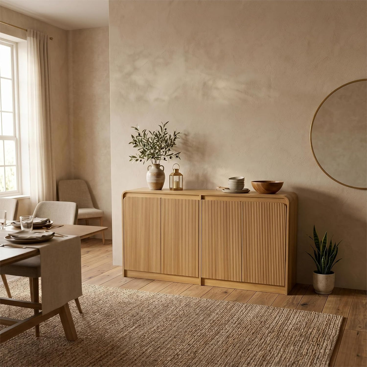 FURSUN 61" Modern Fluted Sideboard with Curved Design, 4-Door Buffet Cabinet with Adjustable Shelves, Large Wood Coffee Bar Station for Dining Room & Kitchen(Natural Oak)