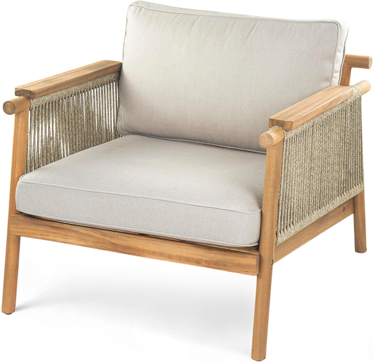 Merax Outdoor Acacia Wood Lounge Chair w/Cushions Set of 2, Patio Club Chair with Rope & Sturdy Wood Legs, All-Wearther Singe Sofa Chair for Porch, Lawn, Backyard, Balcony, Teak+ Beige
